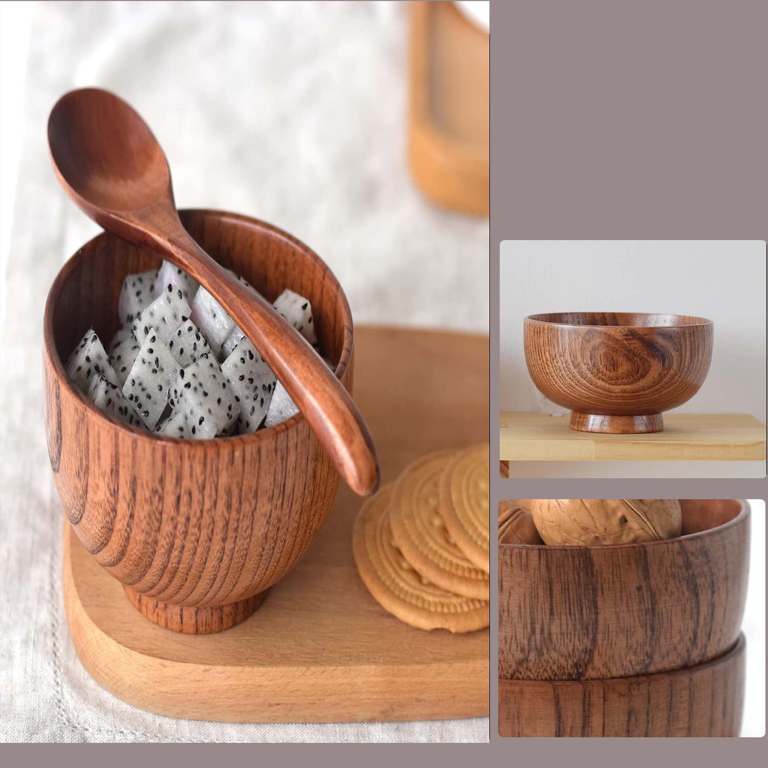 Small Wooden Bowls and Spoons，Portion Control Bowls for Snack， Dessert， Japanese Serving Bowls for Rice， Soup， Solid Wood Bowls for Decor (4 Bowls with 4 Spoons )