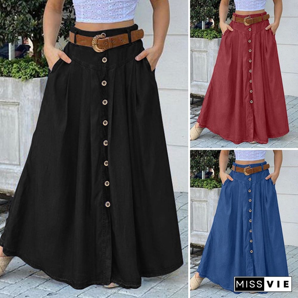 Fashion Women A-linen Maxi Skirt Button Down Plus Size Skirt Dress S-5XL