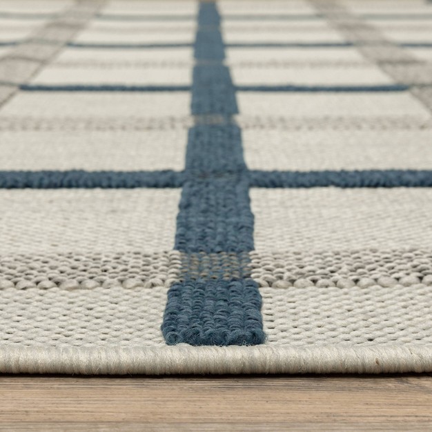 Trinity Textured Plaid Patio Area Rug Beige blue Captiv8e Designs