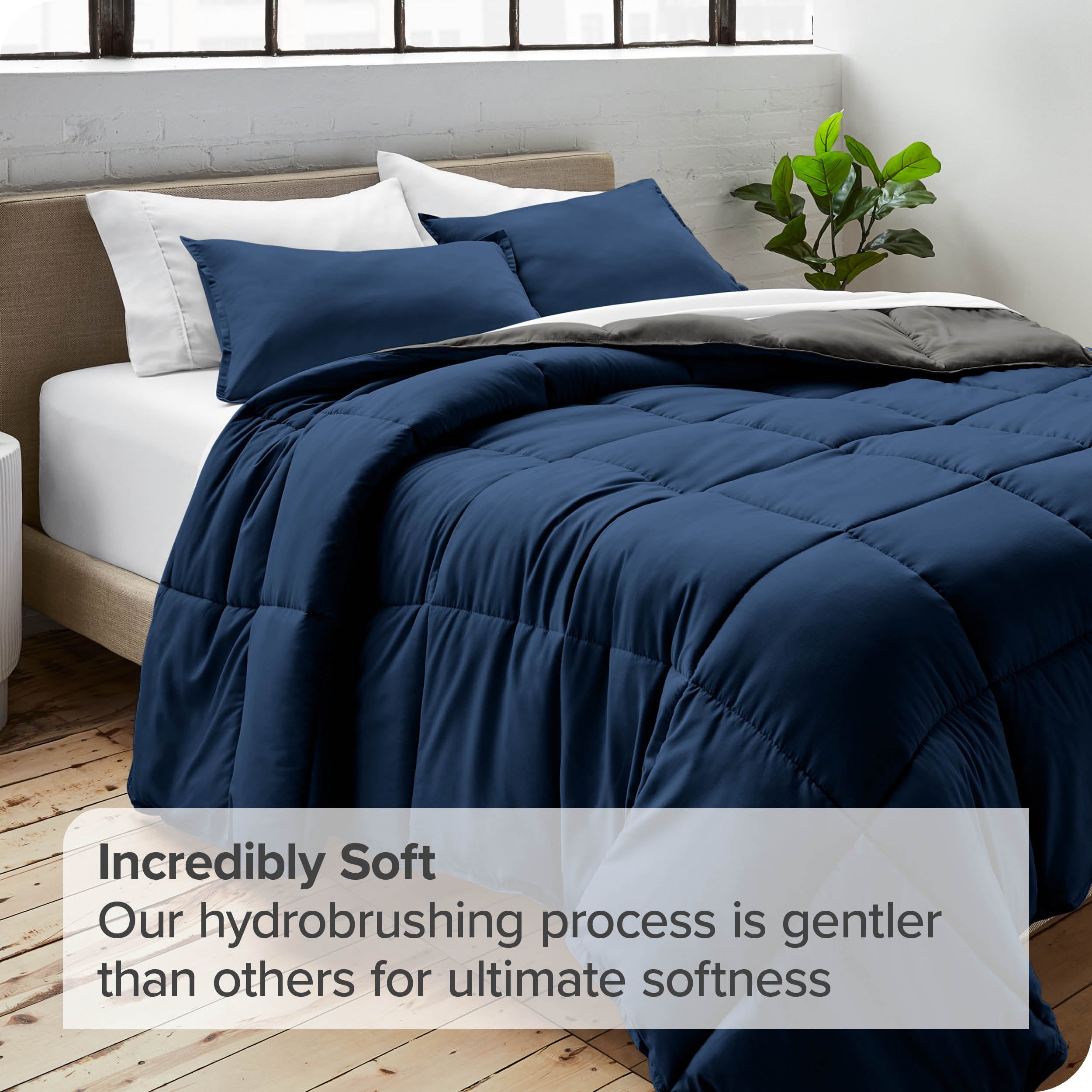 Bare Home Ultra Soft Reversible Comforter， Goose Down Alternative， Queen， Dark Blue/Gray