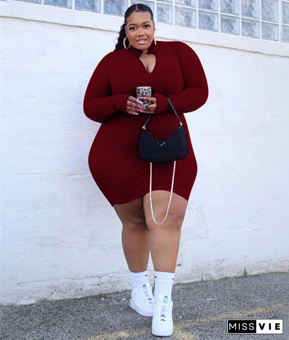 Solid Color Long Sleeve Front Zip Plus Size Dress