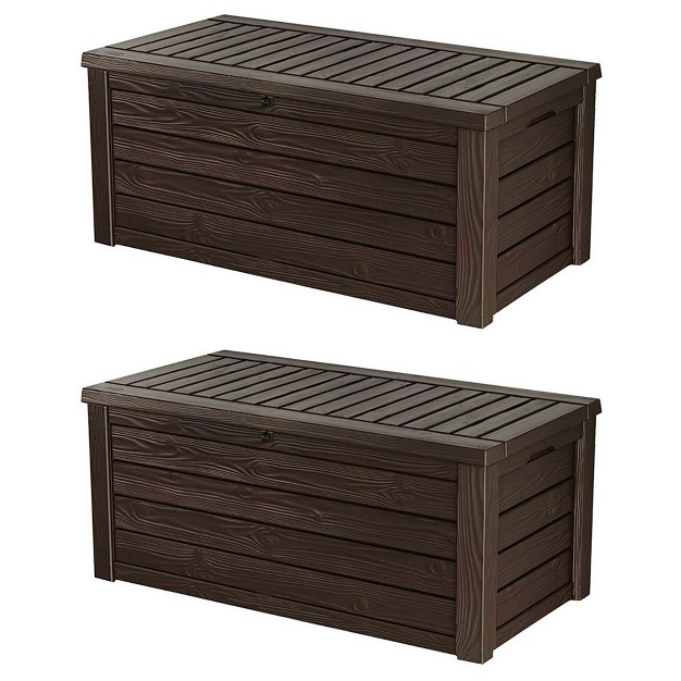 Keter Westwood Outdoor Resin 150 Gallon Deck Storage Box Organizer For Patio Furniture Pool Toys And Yard Tools With Bench Brown 2 Pack