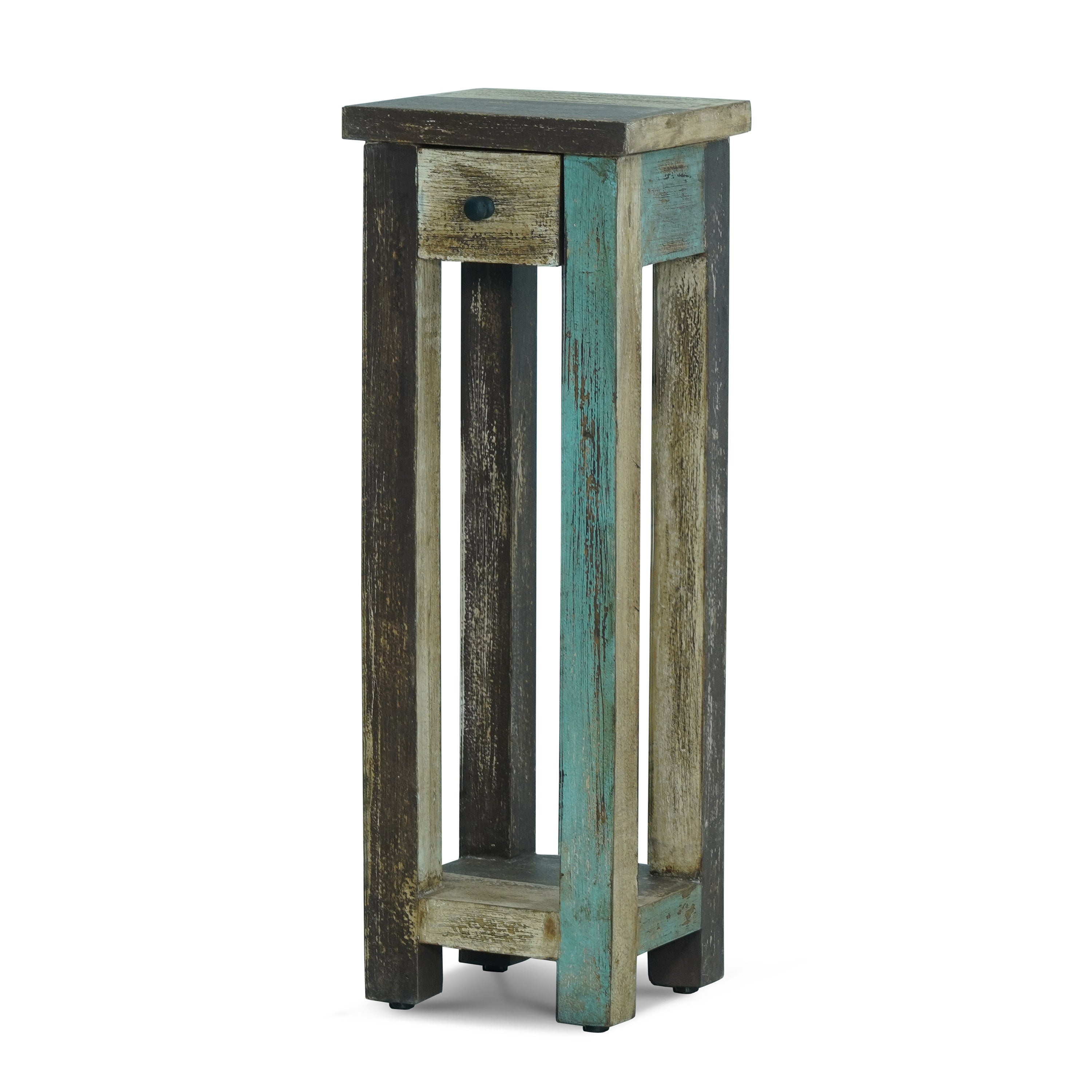 Tracey Boho Handmade Distressed Mango Wood Tall Side Table, Multicolored