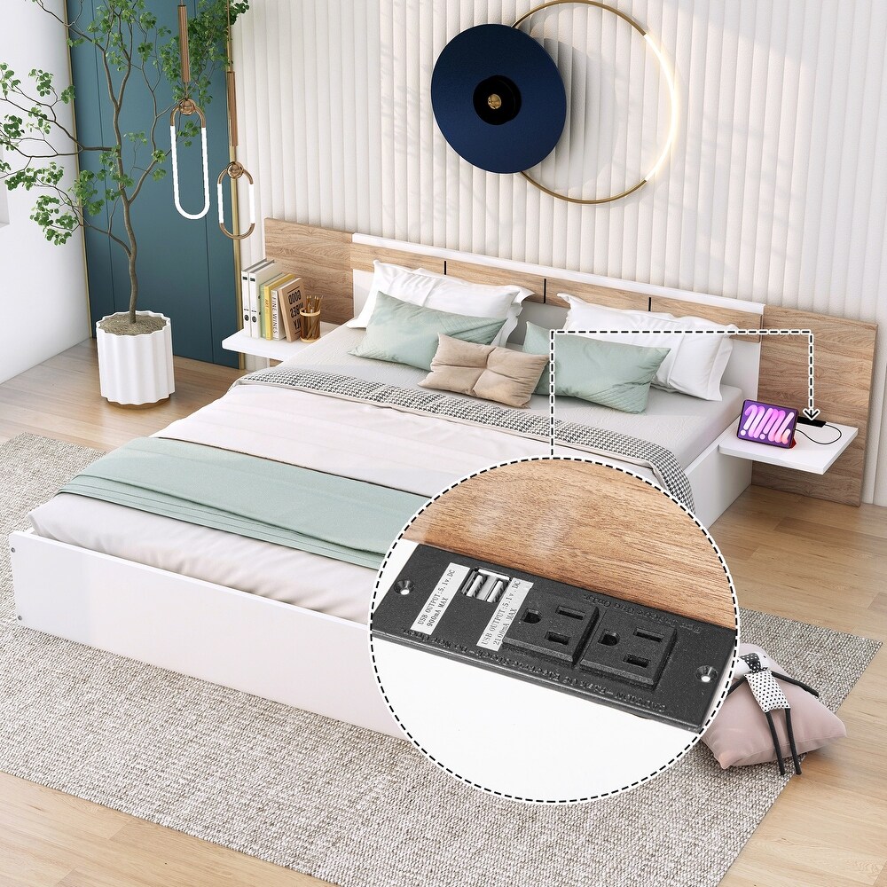 Queen Size Platform Bed with Headboard  Drawers  Shelves  USB Ports and Sockets  White