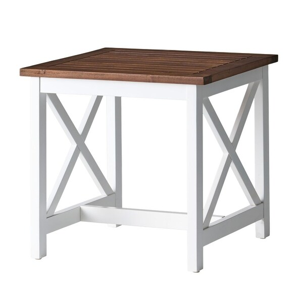 Brown+White Acacia Wood Side Table，XShaped Supports Coffee Table