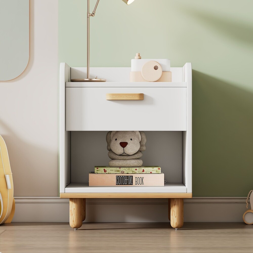 White Modern Nightstand  End Side Table with Open Storage Shelf