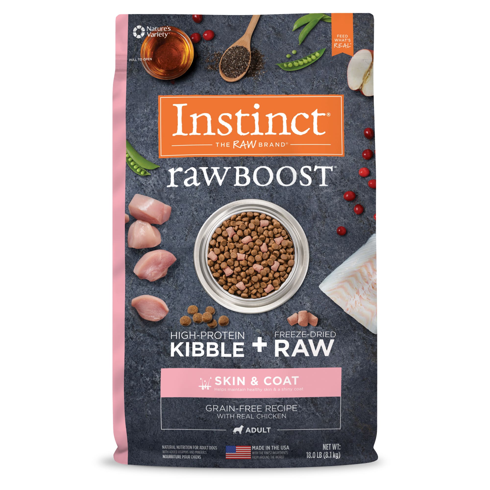 Instinct Raw Boost Skin  Coat Health Grain Free Recipe with Real Chicken Natural Dry Dog Food， 18 lbs.