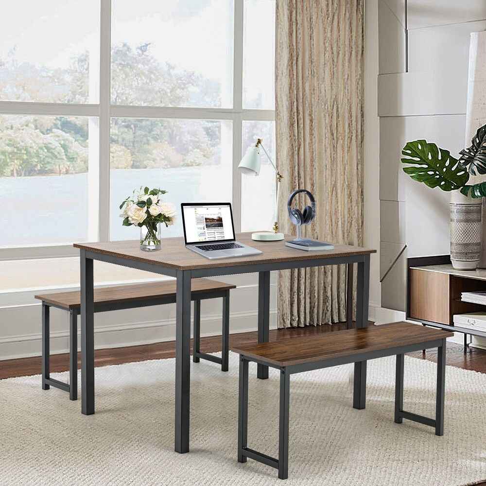 Gymax Modern 3 PCS Dining Table Bench Set w/ Metal Frame   Wooden