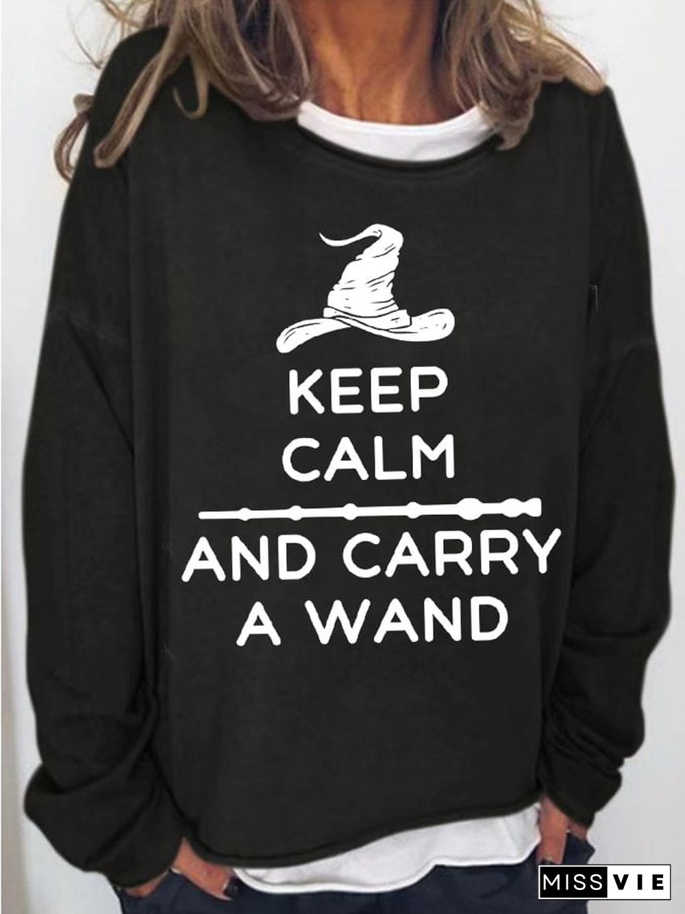 Women's Keep Calm & Carry a Wand Print Long Sleeve Sweatshirt