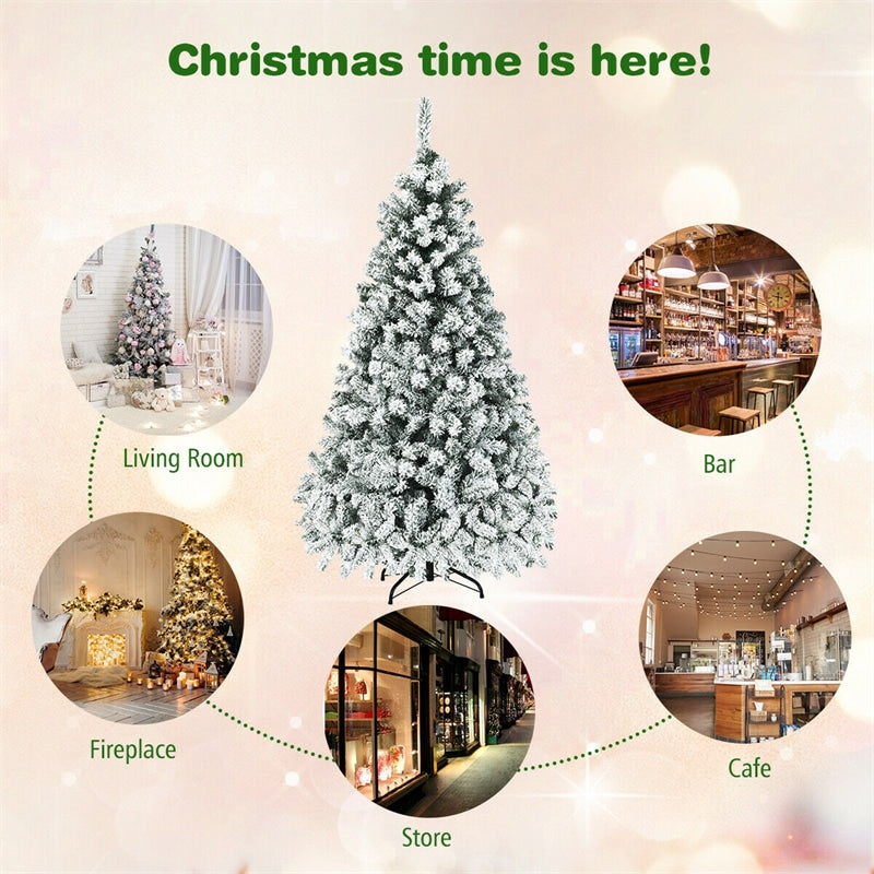 6/7.5/9FT Pre-Lit Hinged Artificial Christmas Tree, Premium PVC Snow Flocked Pine Tree with Metal Stand