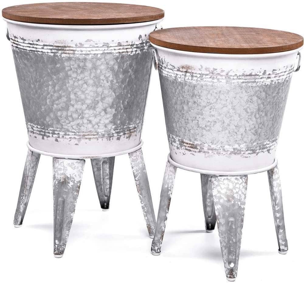 Farmhouse Accent Side Table - Galvanized Rustic End Table. Metal Storage Bin