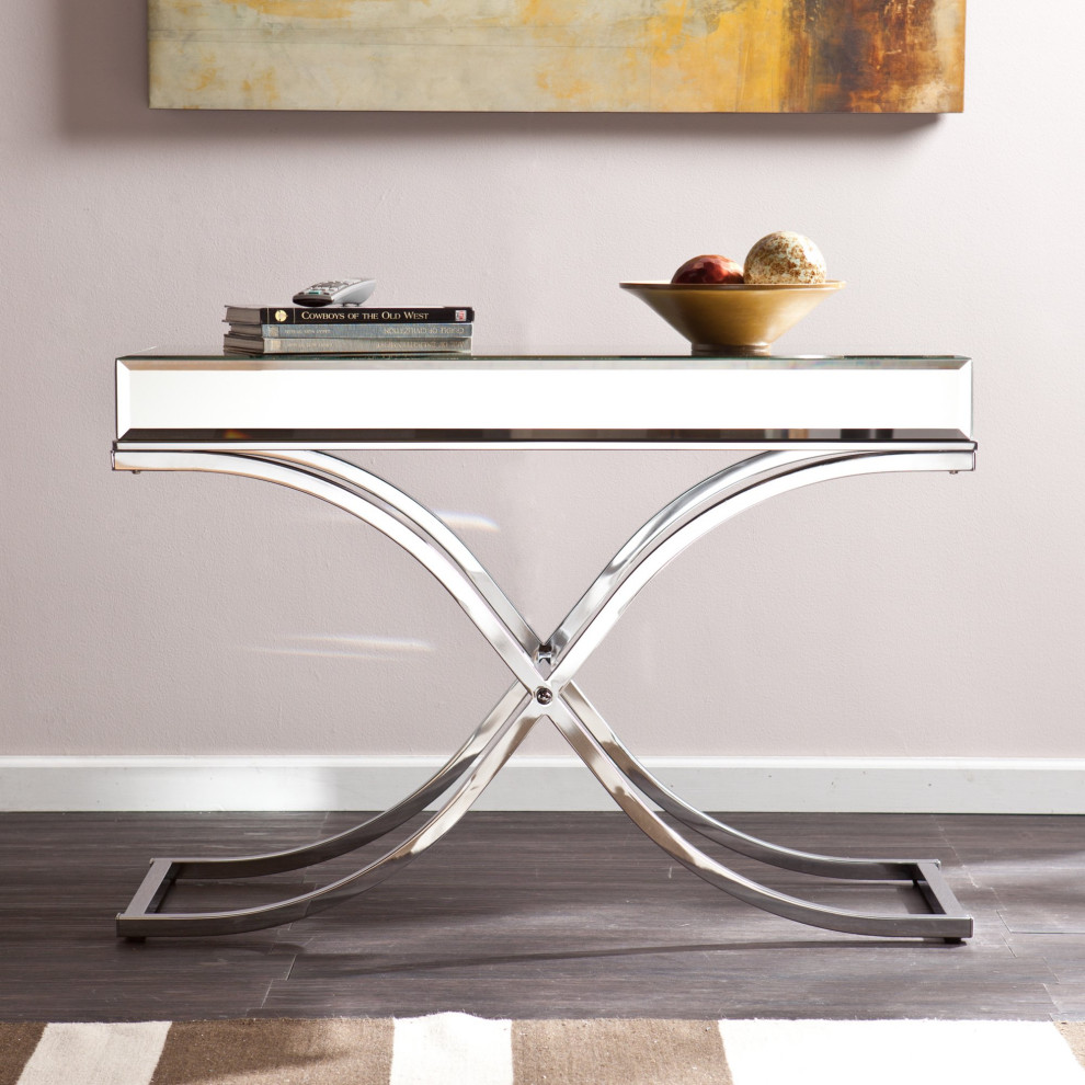 Elegant Console Table  Curved X Shaped Base With Beveled Mirror Top  Chrome   Contemporary   Console Tables   by Decorn  Houzz