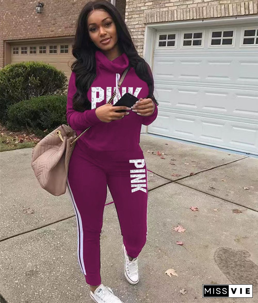 Winter Letter Print Hoodies Fitness Pants Two Piece Set