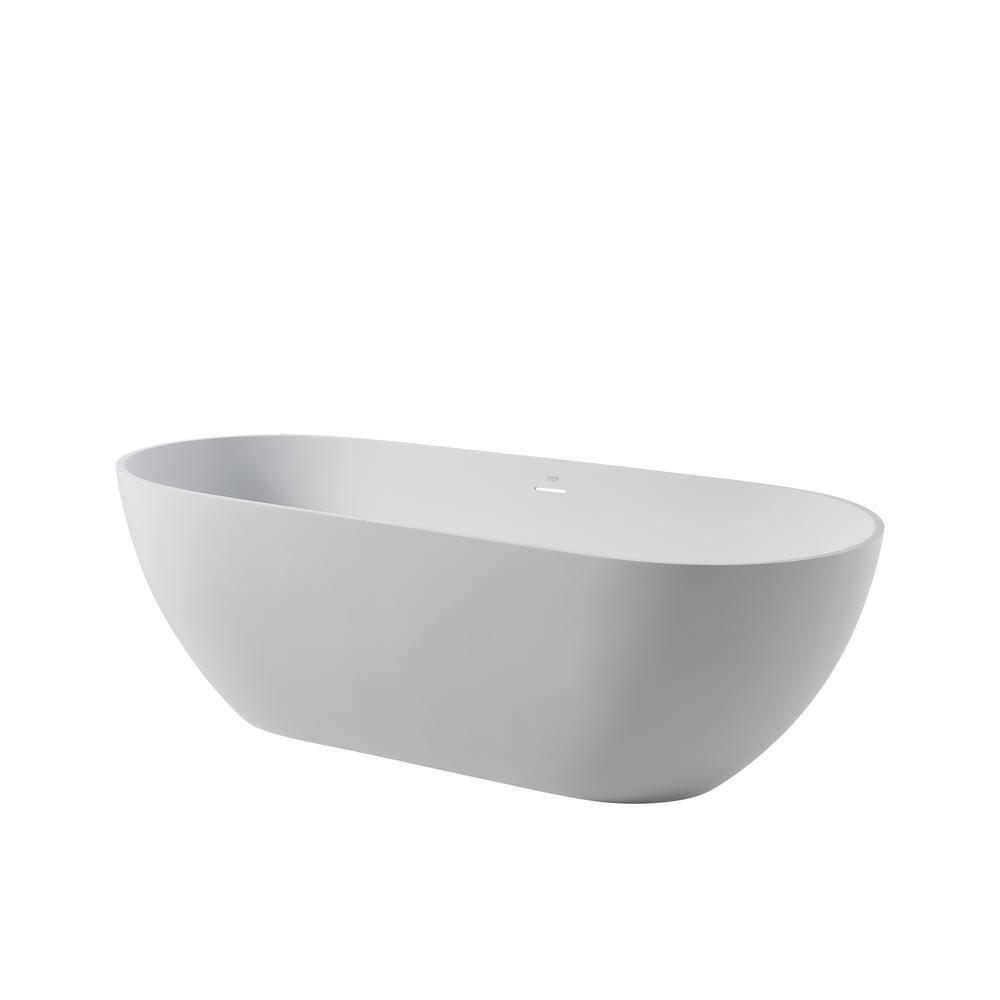 VANITYFUS 59 in. Stone Resin Flatbottom Solid Surface Freestanding Double Slipper Soaking Bathtub in White with Brass Drain VF-CloW36-S