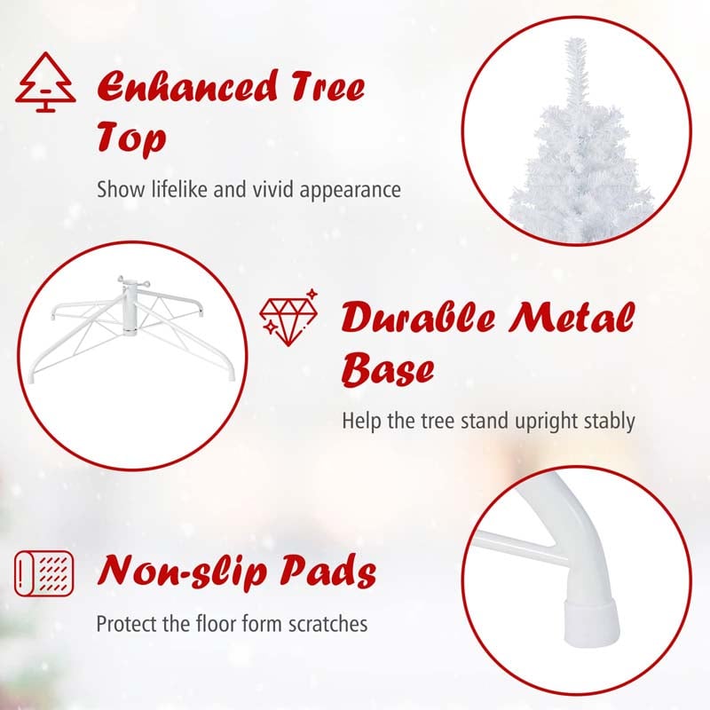 6/7.5/9FT White Hinged Artificial Christmas Tree, Premium Unlit Spruce Full Tree with Metal Stand