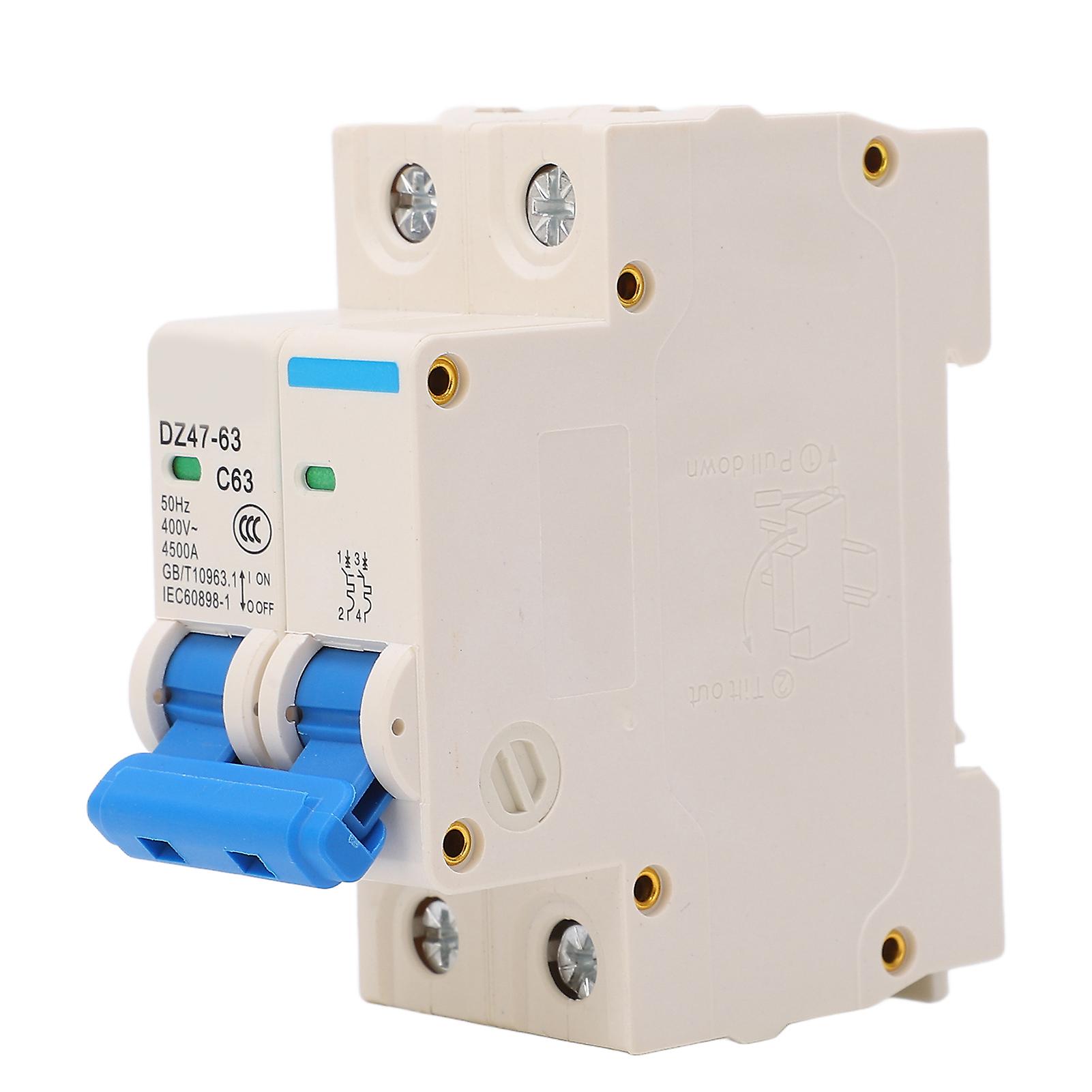 Miniature Circuit Breaker 2P DIN Rail Current Isolator 400V 63A 4500A Breaking Capacity