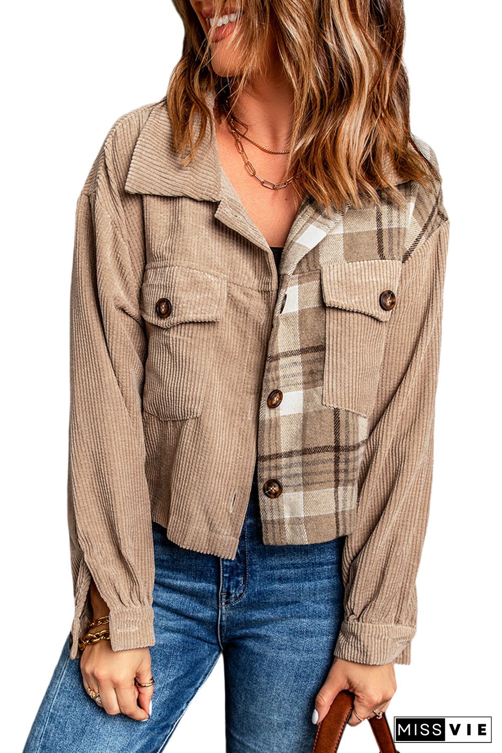 Khaki Plaid Patchwork Corduroy Cropped Jacket