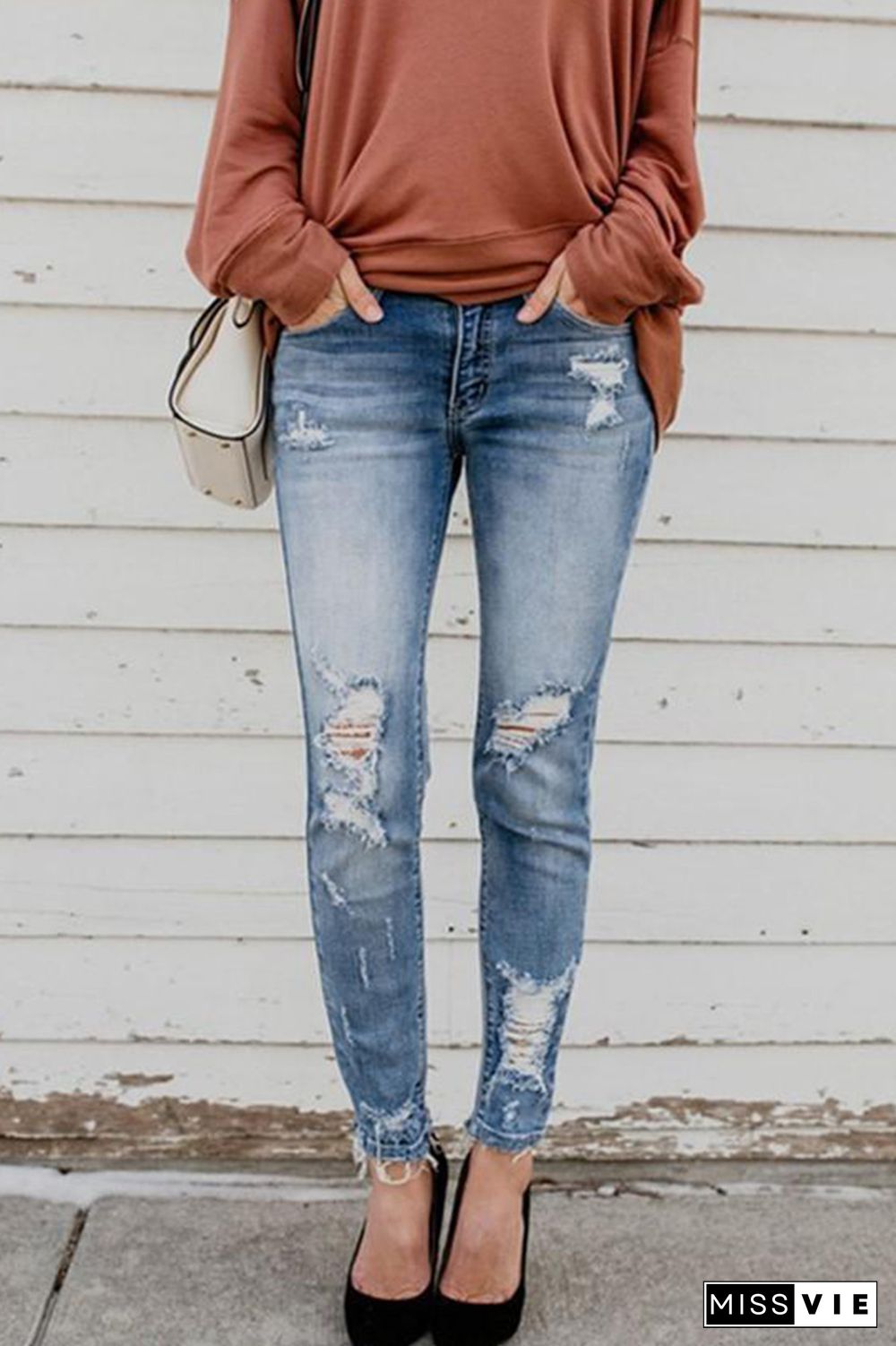 Distressed Ripped Slastic Skinny Jeans