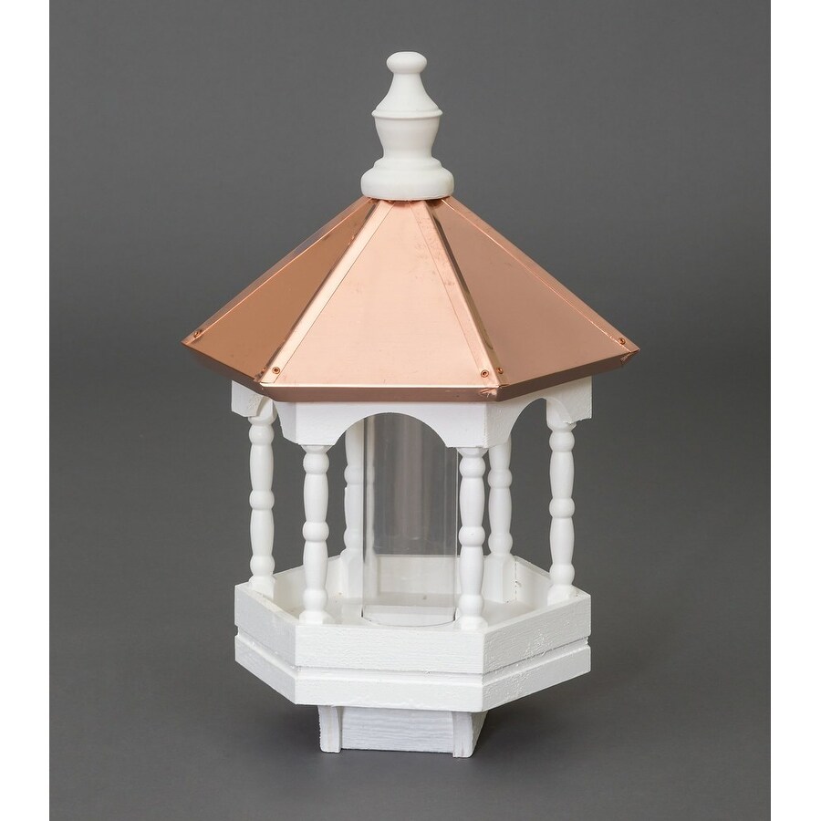 Small White Bird Feeder with Spindles and Copper Roof