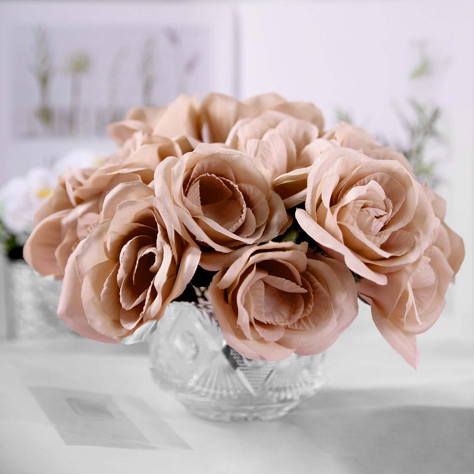 Dusty Rose Artificial Velvet-Like Fabric Rose Flower Bouquet Bush 12