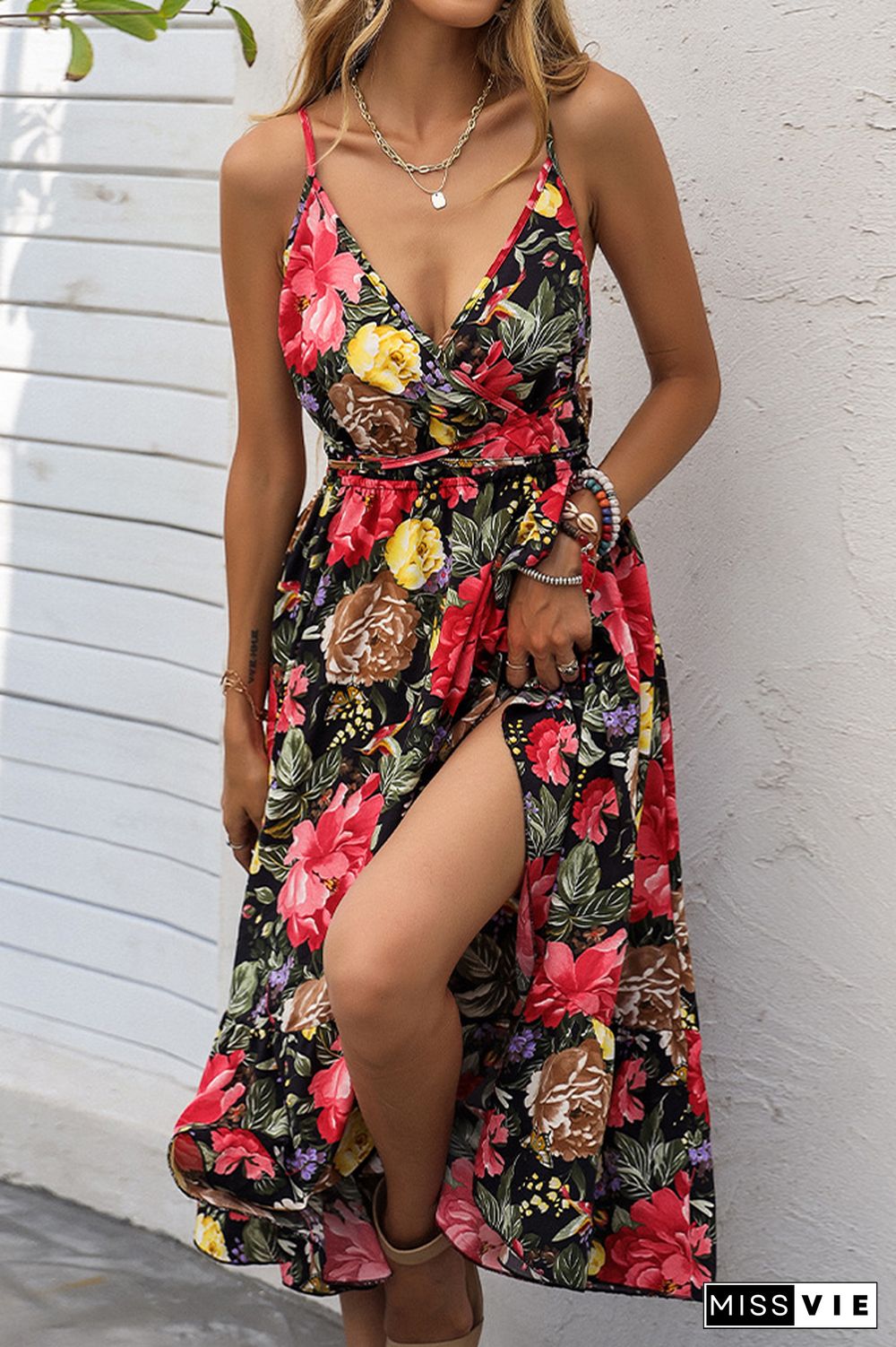 Wrap V Neck High Split Cami Backless Floral Midi Dress