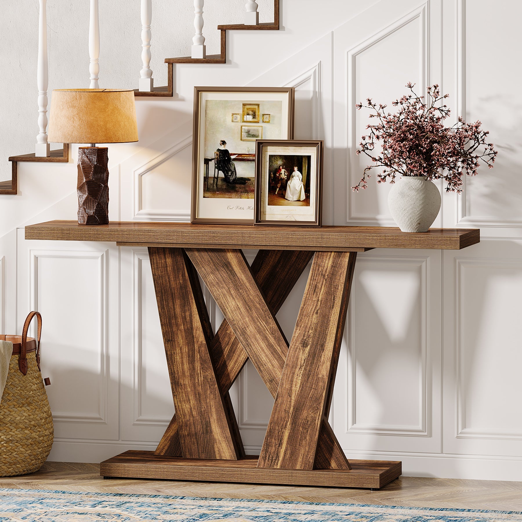 55 Console Table, Farmhouse Entryway Table With Geometric Base