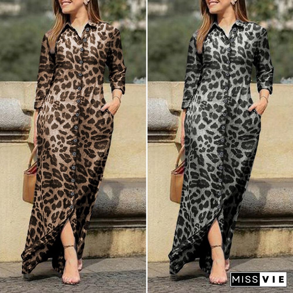 VONDA 3 Colors Women Casual Leopard Print Long Maxi Dresses Vintage Long Sleeve Button Up Lapel Collar Shirts Vestido Plus Size