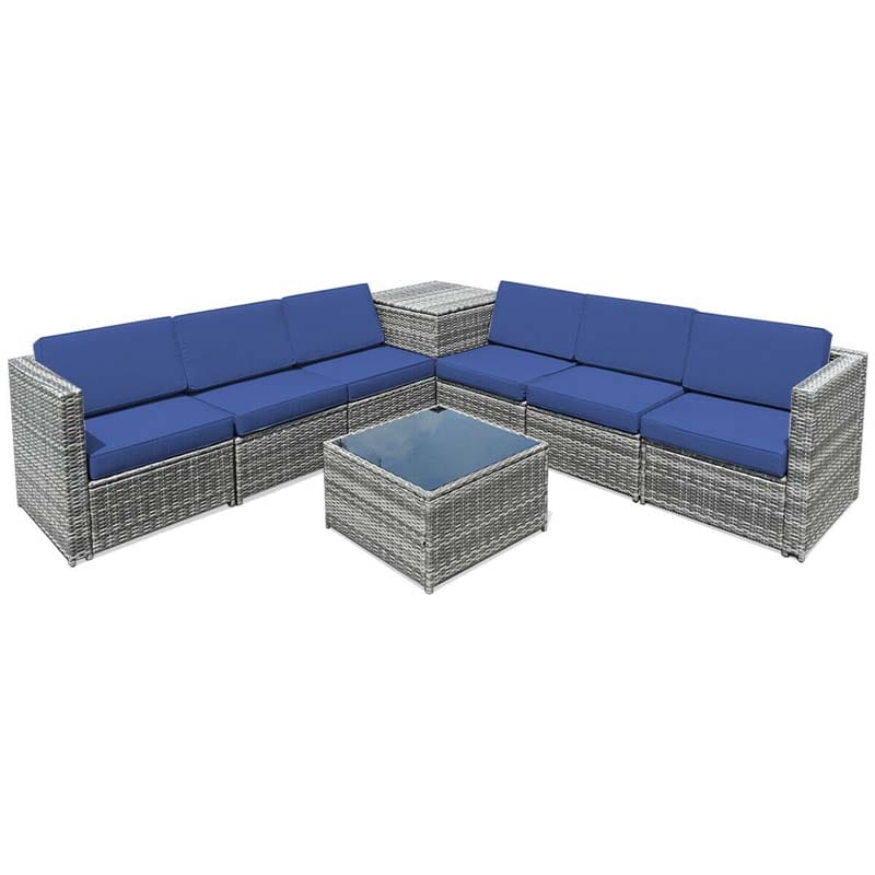 8 Pcs Rattan Patio Sectional Sofa Couch Set Outdoor Wicker Furniture Set with Storage Table & Cushions