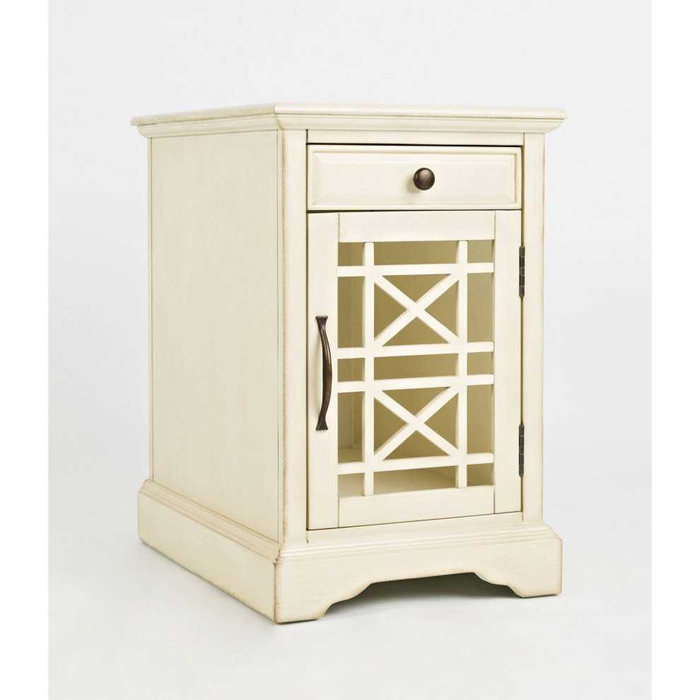 End Table  Trellis Slatted Glass Door Cabinet  ampCharging Station  Creamy White   Farmhouse   Side Tables And End Tables   by Decor Love  Houzz