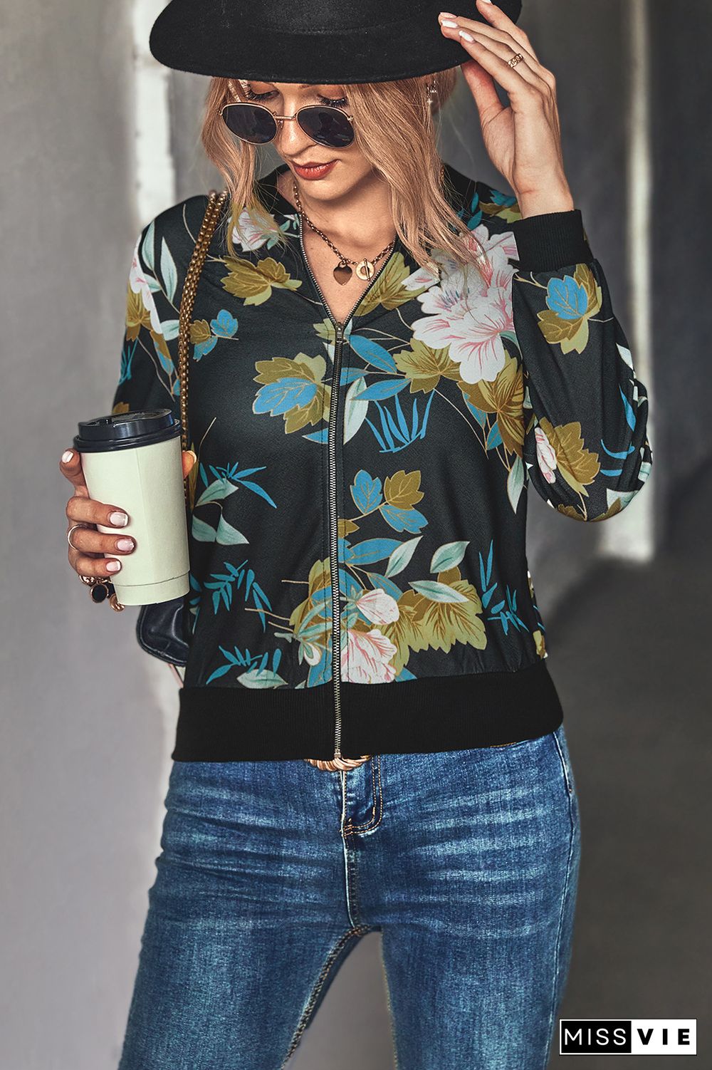 Front Open Zipper Floral Print Jackets