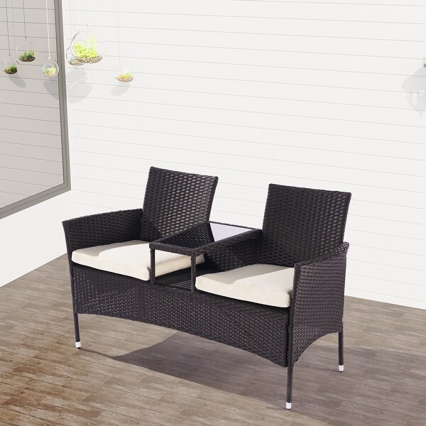 1-Pieces Outdoor Patio Garden Furniture Set for 2， PE Rattan Wicker Conversation Sofa Set with Cushions and Tempered Glass Table - Overstock - 37476126