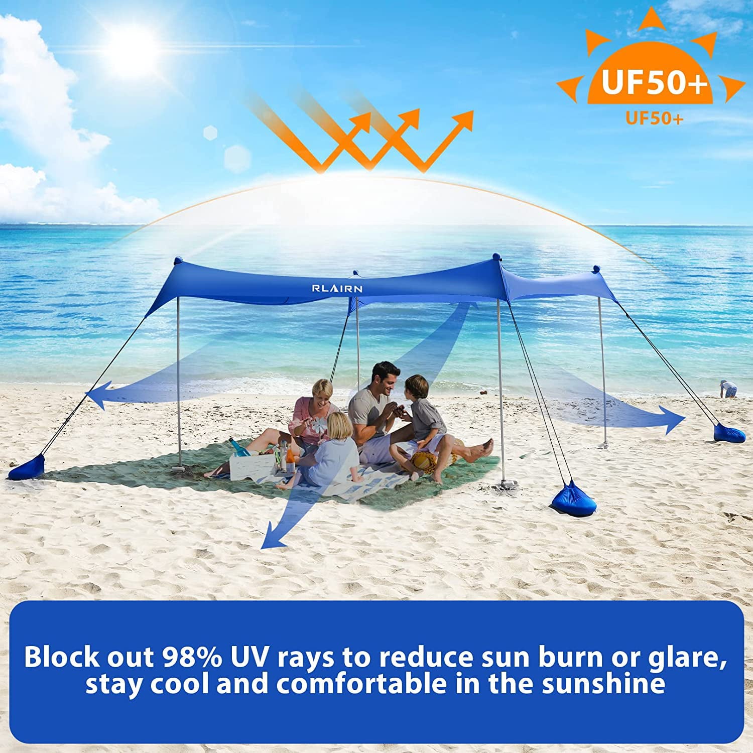 RLAIRN 10 x 10 ft Pop up Beach Tent Sun Shelter， UPF50+ Rain Resistant Beach Canopy Tent Gazebo Shade with 4 Foldable Poles， Sand Bag， Sand Shovel and Carry Bag for Beach and Backyard，Deep Blue