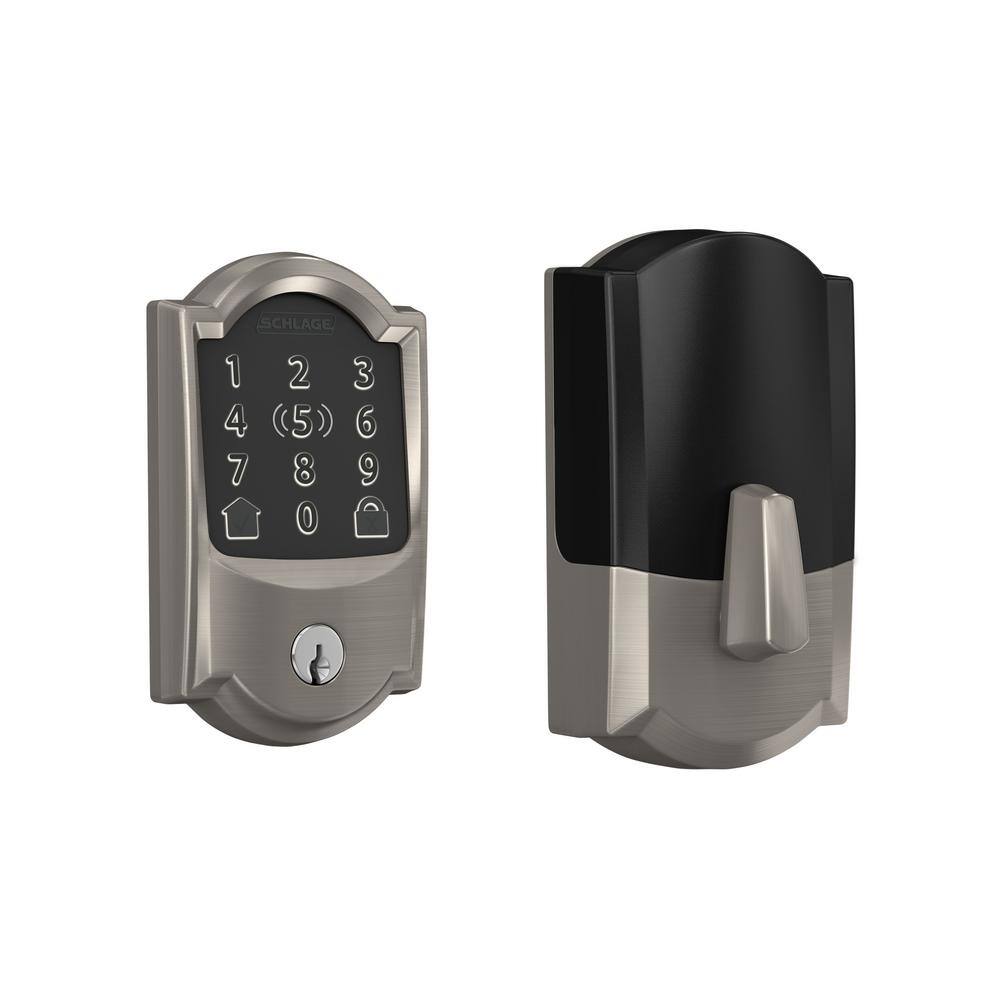 Schlage Camelot Satin Nickel Electronic Encode Plus Smart WiFi Deadbolt with Alarm BE499WB CAM 619