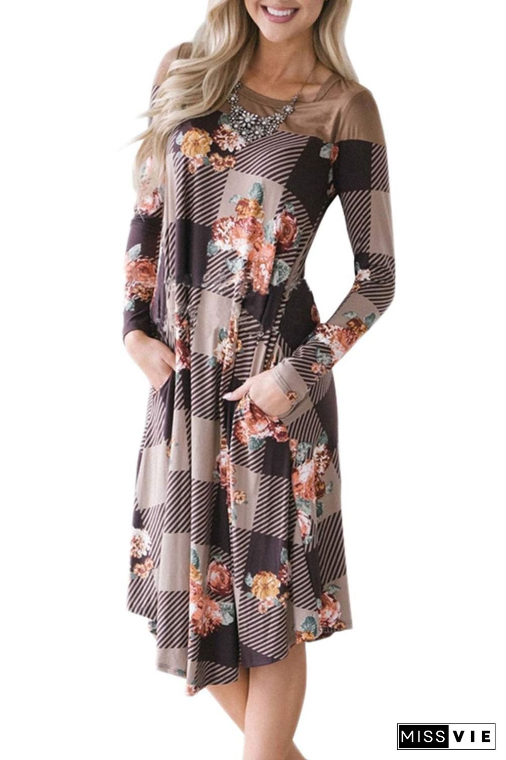 Joint Long Sleeve Women Pocket Casual Printed Dress