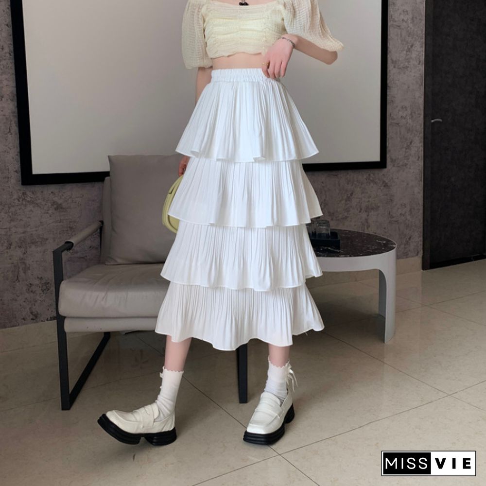 Korean Version Pleated Ruffled Black Skrit Women Summer New Half Body A-line High Waist Layered Cake Skirt Faldas Mujer