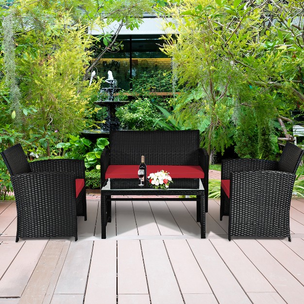 Tangkula 4 Piece Outdoor Patio Rattan Furniture Set Red Cushioned Seat For Garden Porch Lawn