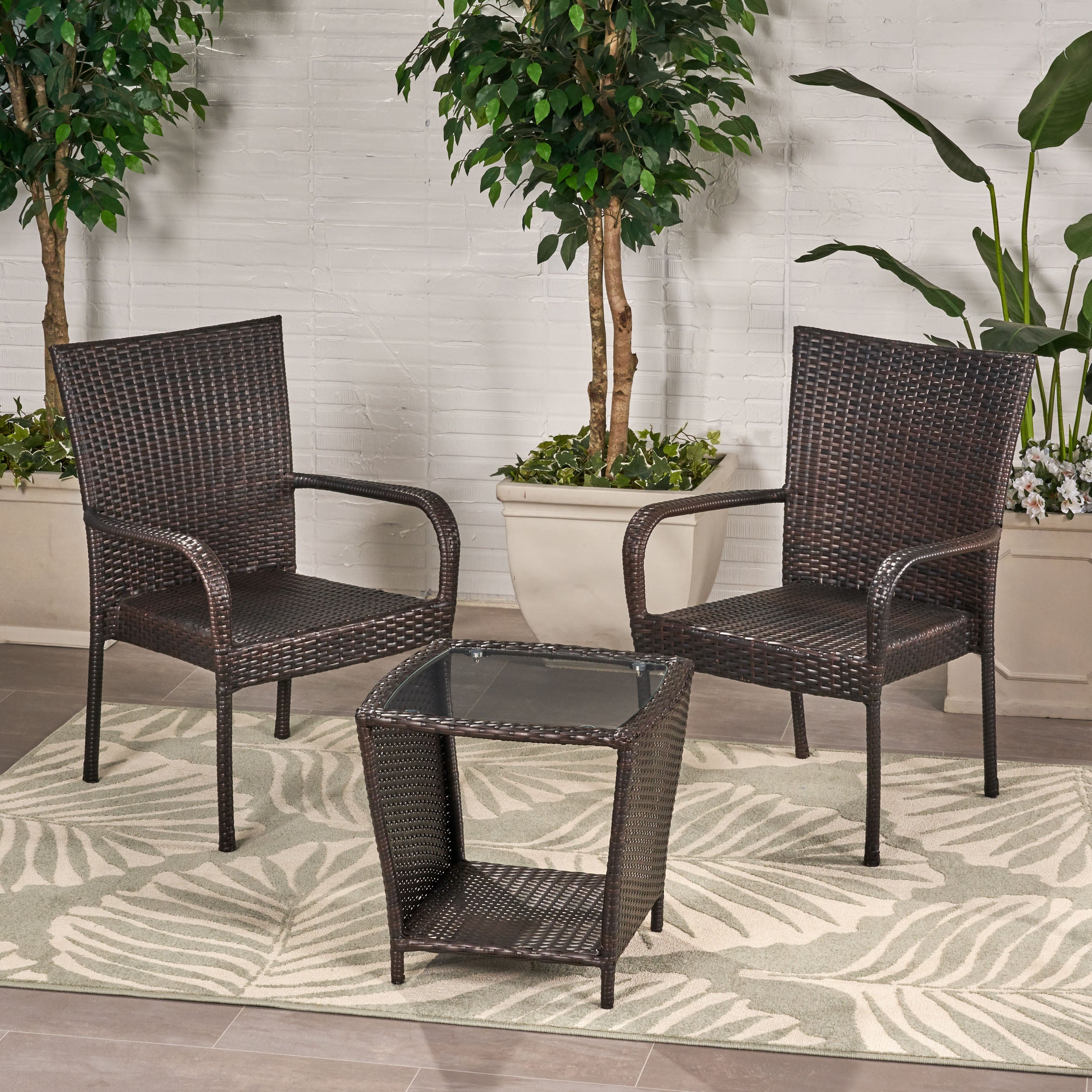 Parham Outdoor 3 Piece Multi-brown Wicker Stacking Chair Chat Set