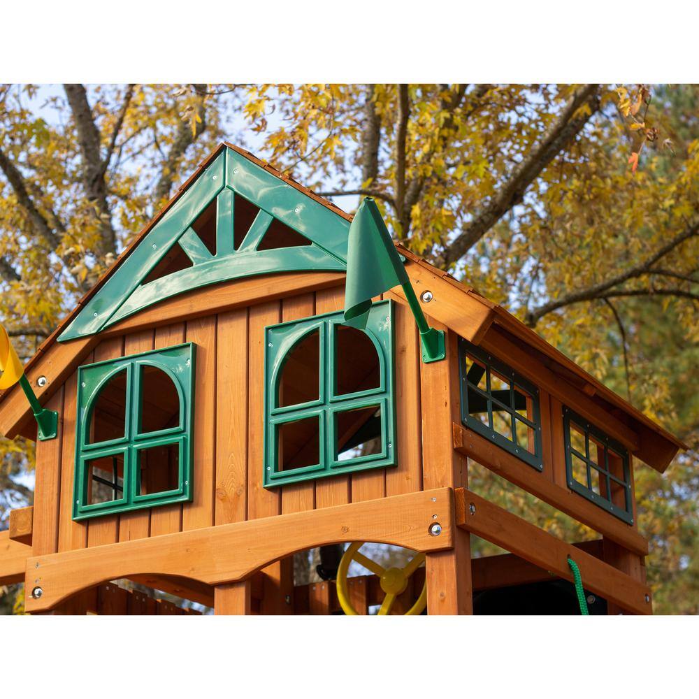 Gorilla Playsets DIY Outing III Wooden Outdoor Playset with Wood Roof Wave Slide Rock Wall Sandbox and Swing Set Accessories 01-1063