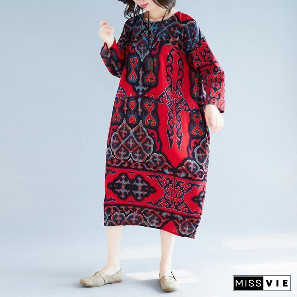 Vivid baggy linen cotton clothes For Women Pakistani Shape red print Love Dress