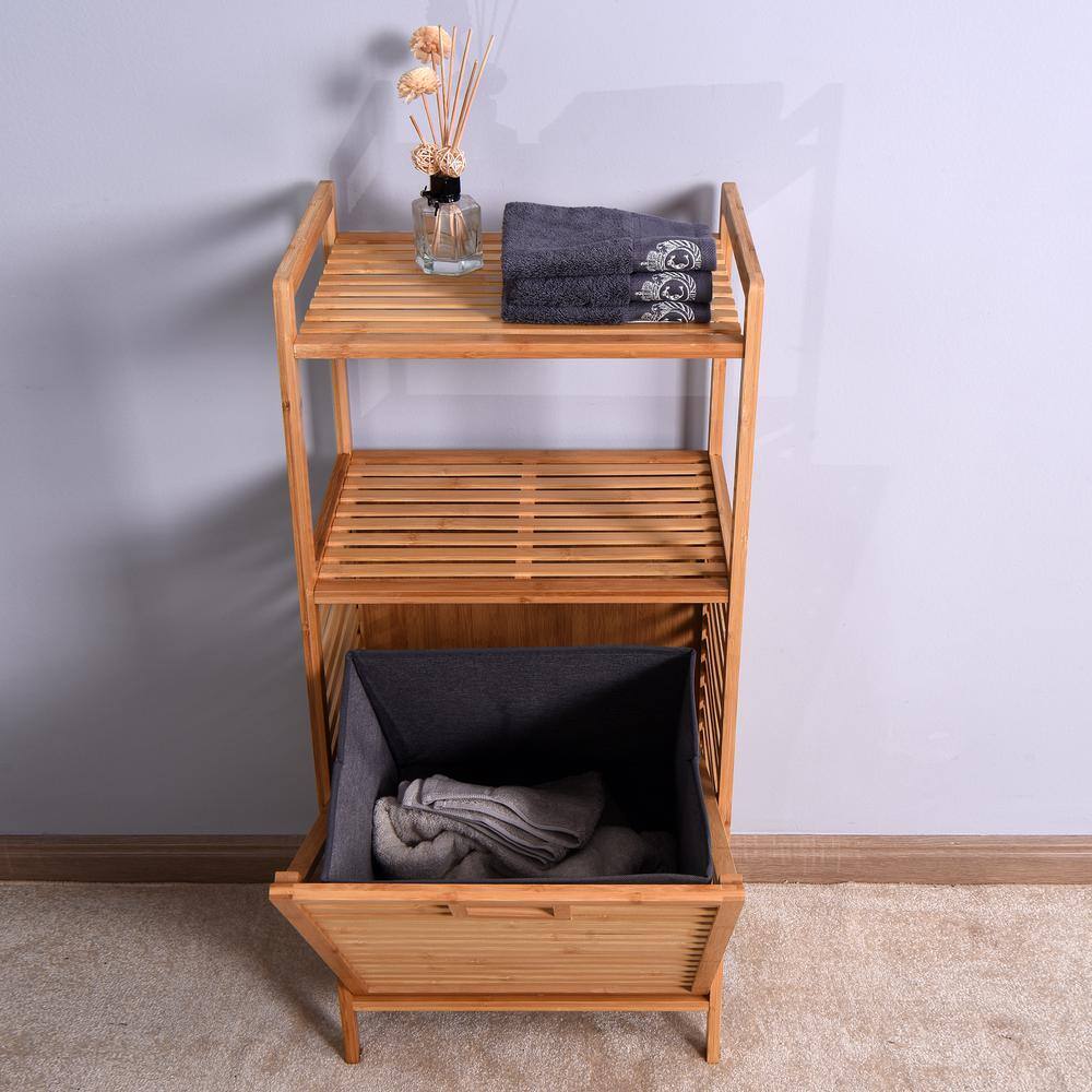 Natural Bathroom Laundry Basket Storage Basket with 2-Tier Shelf AM1209D-99