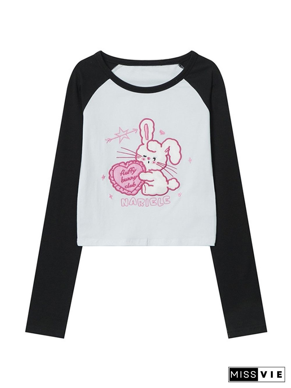 Cute Rabbit Embroidery Raglan Long Sleeve Tee