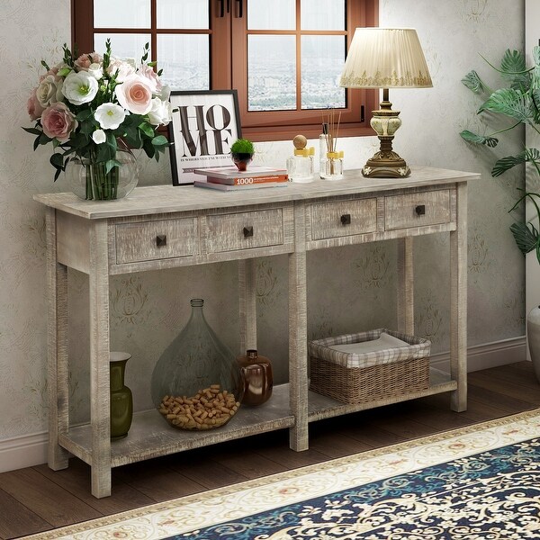 Rustic Entryway Table Console Table with Drawers and Bottom Shelf