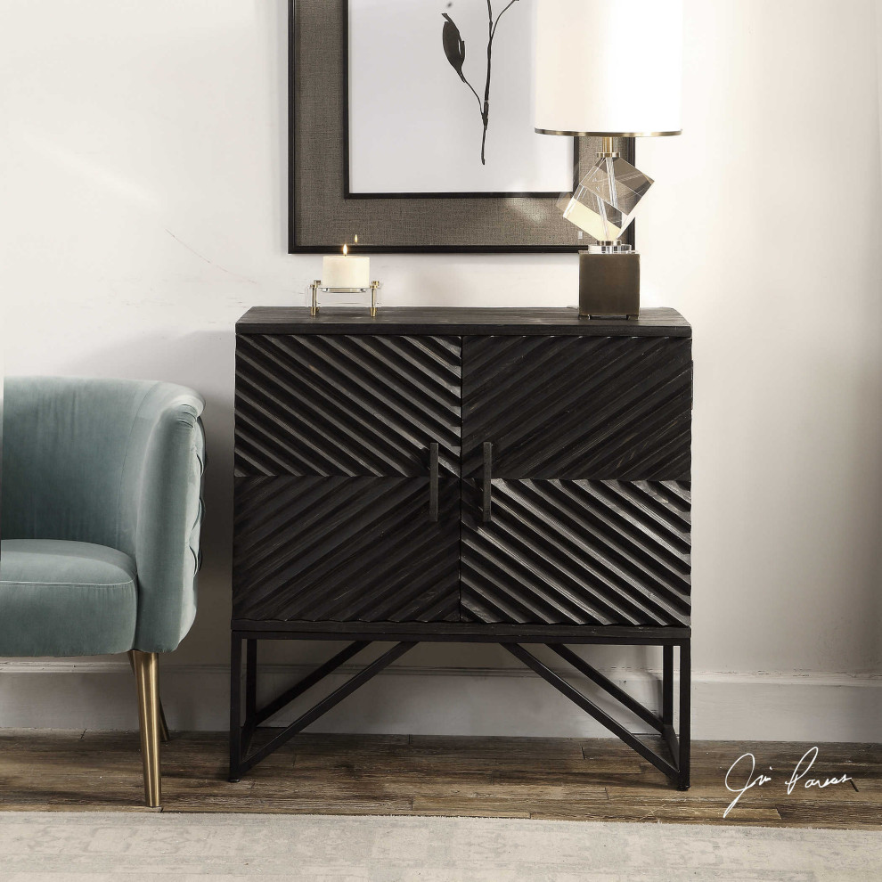 Ebony Black Chevron Stripe Accent Cabinet  Wood Iron Mid Century Rustic Chest   Industrial   Accent Chests And Cabinets   by My Swanky Home  Houzz