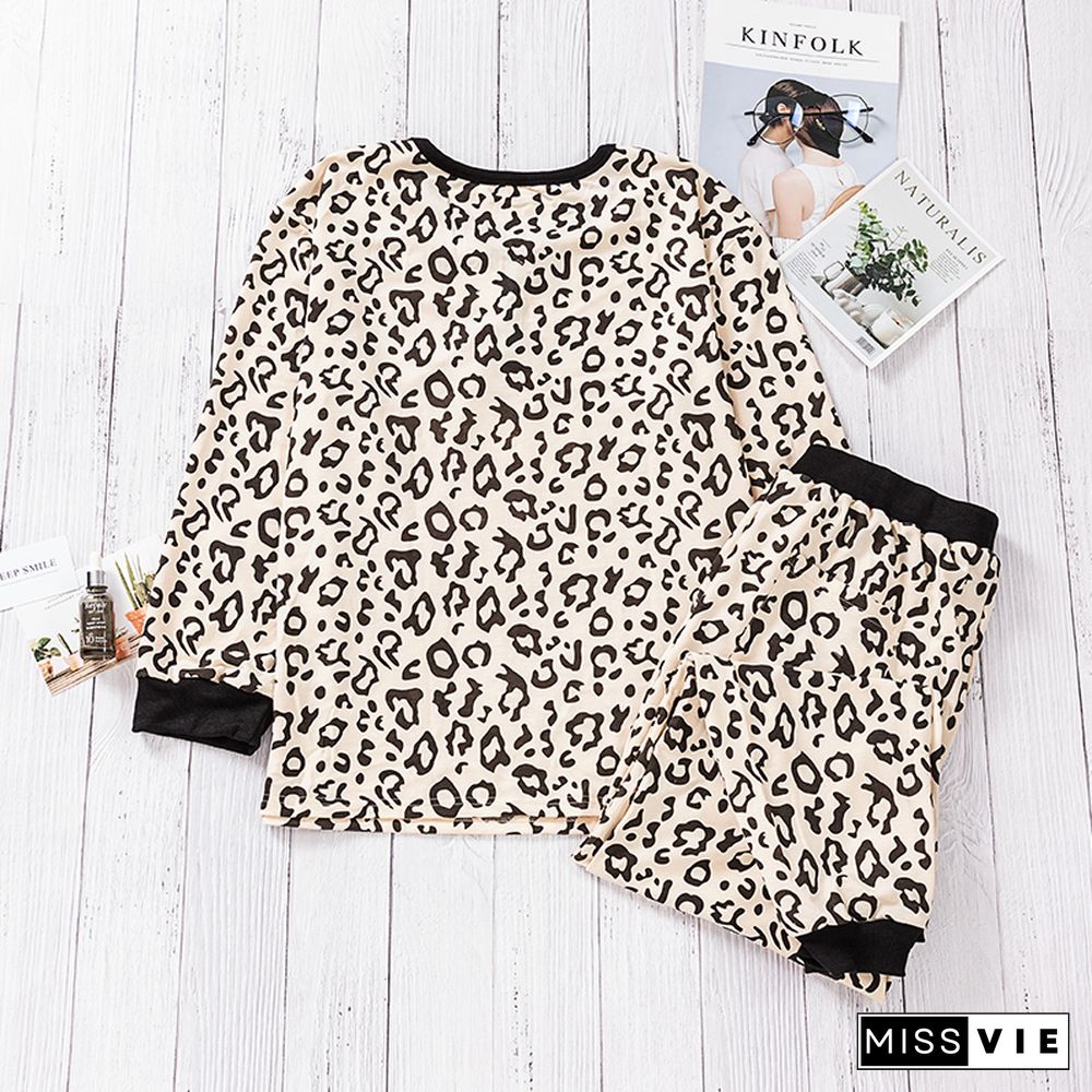 Leopard Plus Size V Neck Top And Sweatpants Lounge Set