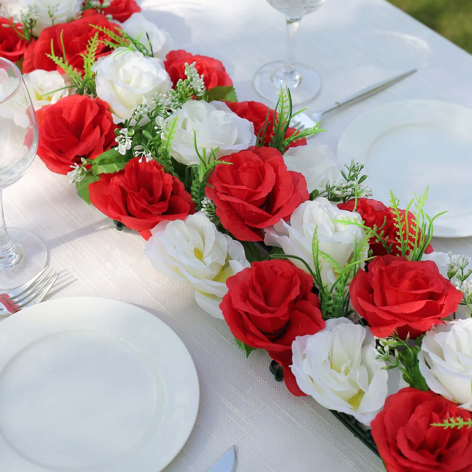 6 Pack Red Ivory Silk Rose Flower Panel Table Runner, Artificial Floral Arrangements Dining Table Decor - 20