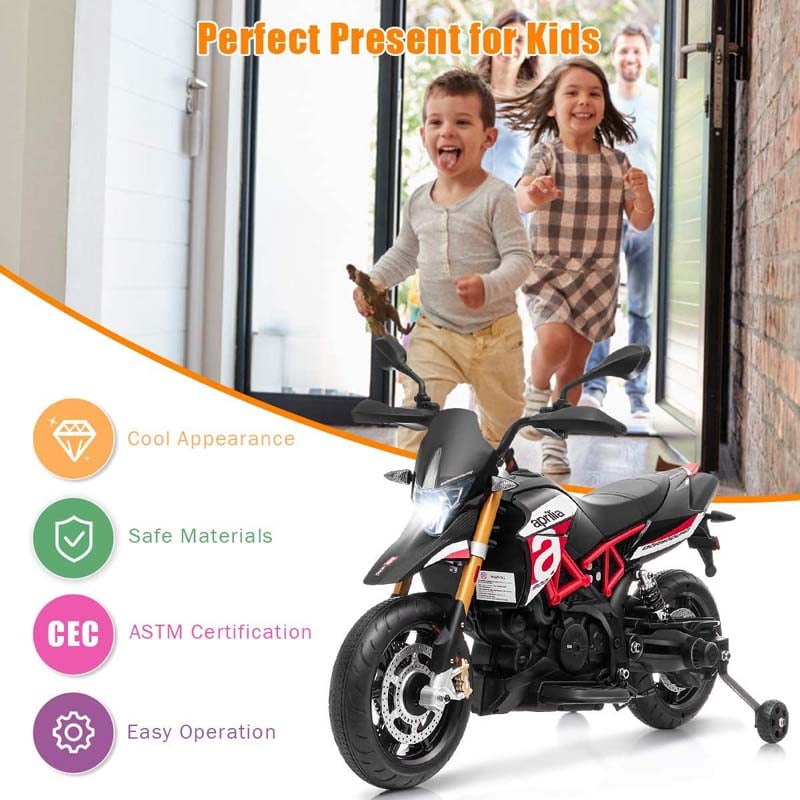 Licensed Aprilia Kids Ride on Motorcycle 12V Battery Powered Dirt Bike Riding Toy Motorbike with Training Wheels