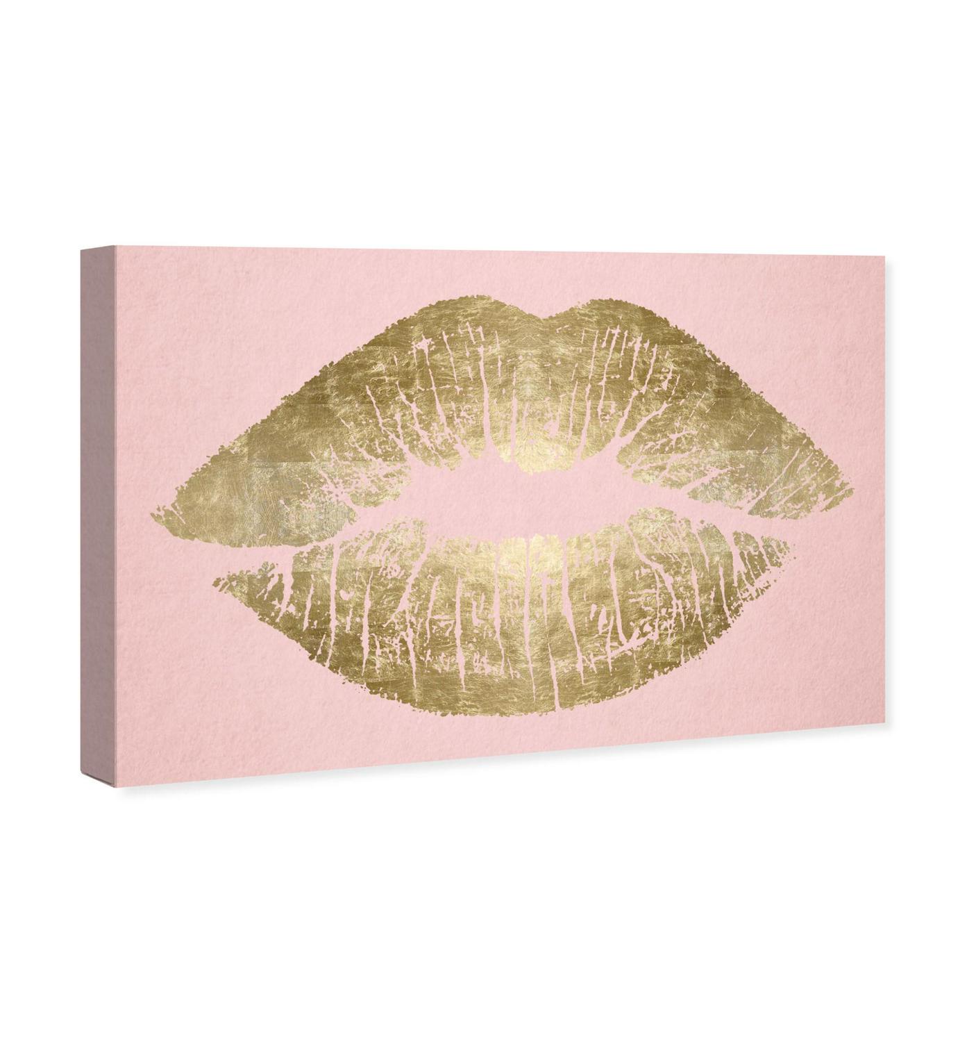 Runway Avenue Fashion and Glam Wall Art Canvas Prints and#8216;Solid Kiss Blush and Gold Lips  Gold， Pink