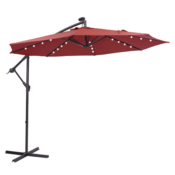 9 Ft Solar Umbrella LED Lighted Outdoor Umbrella Patio Umbrella Table Market Umbrella with Tilt and Crank for Garden, Deck, Backyard, Pool and Beach, Red