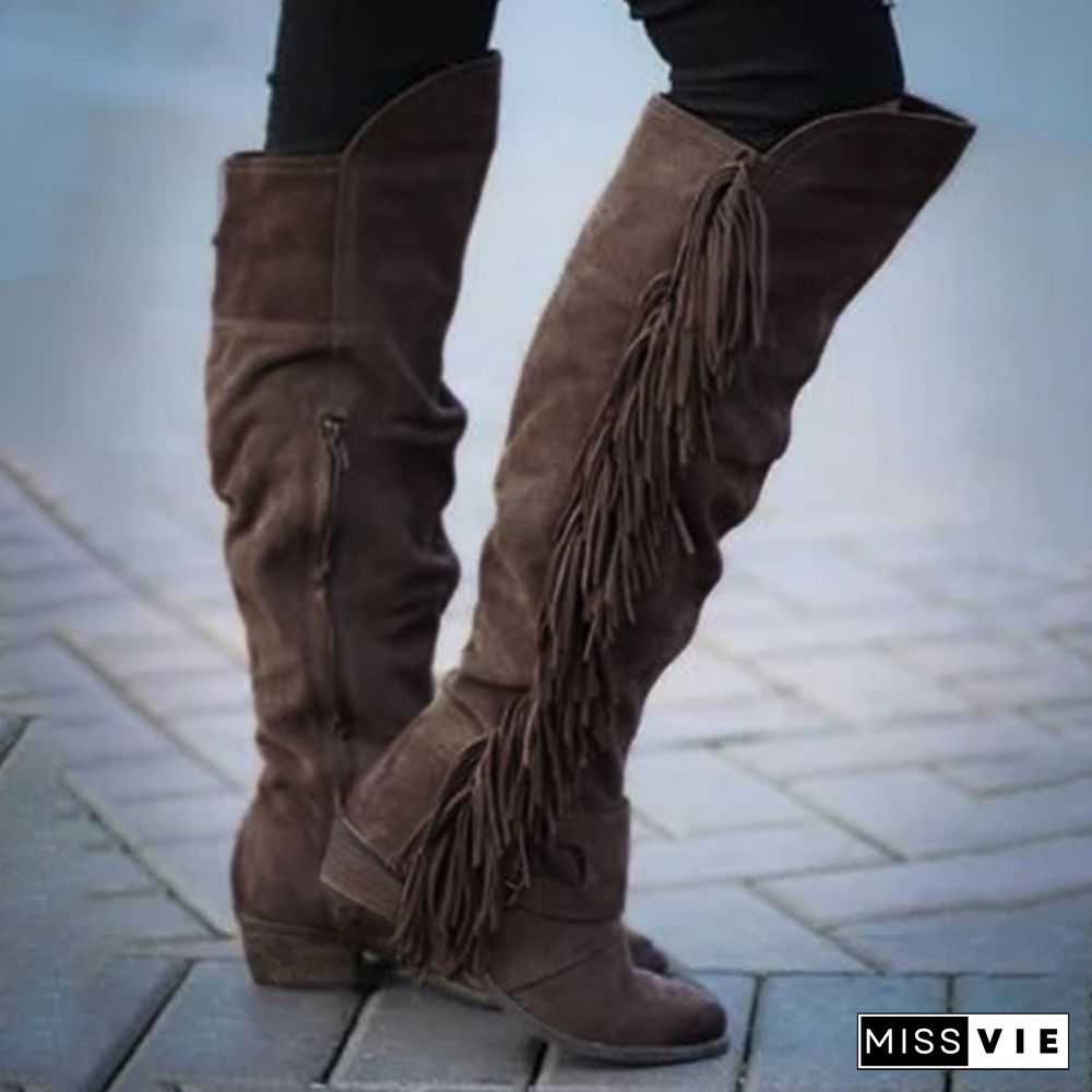 Low Heel Suede Winter Tassel Boots