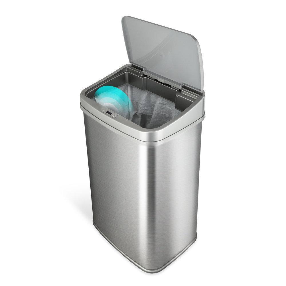 NINESTARS 13 Gal. Silver Stainless Steel Rectangular Shape Motion Sensor Trash Can DZT-50-28SL